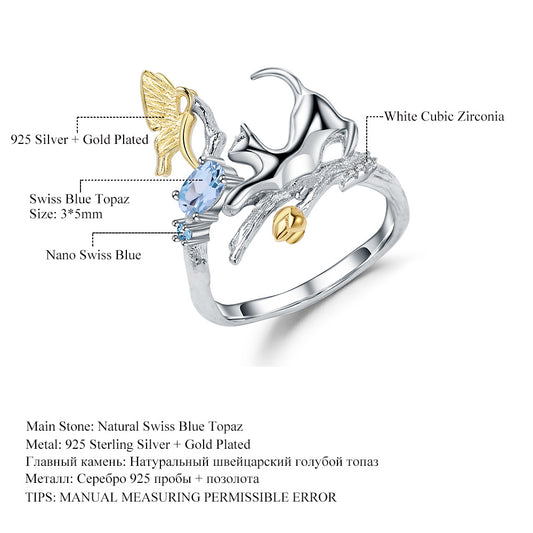Designer Natural Gemstone Chinese Style Adjustable Ring with Natural Wind Animal Design925Silver Topaz Ring