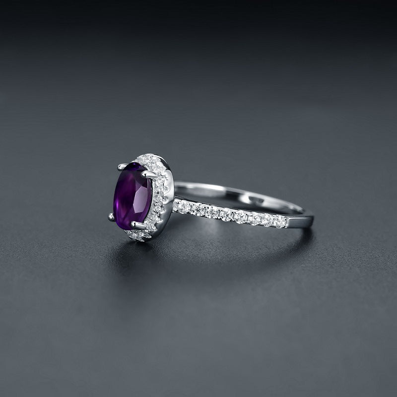 Factory Direct Supply New Style Personalized Light Luxury Ring for Women s925Sterling Silver Inlaid Natural Gemstone Amethyst Ring