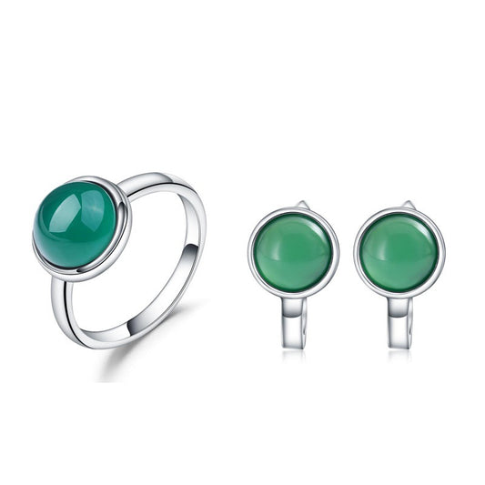 Fashionable and Simple Green Agate Jewelry Set s925Sterling Silver Inlaid Natural Gemstone Ring and Earring Set