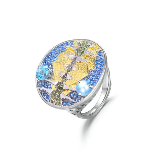 S925Sterling Silver High-End Jewelry for Men and Women, Love of Mountains and Rivers Ring, African Opal Topaz Adjustable Ring