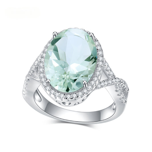 s925Sterling Silver Natural Green Amethyst Ring High-end Fashion Luxury Inlay10*14mm Natural Gemstone Ring