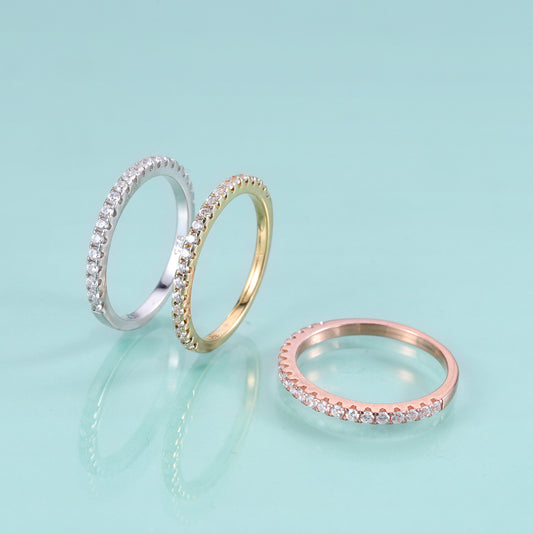 Minimalist Commuting Ring s925Silver Inlaid Moissanite Ring Three-Color Stacking Wedding Ring Half-Circle Inlaid Stone Ring