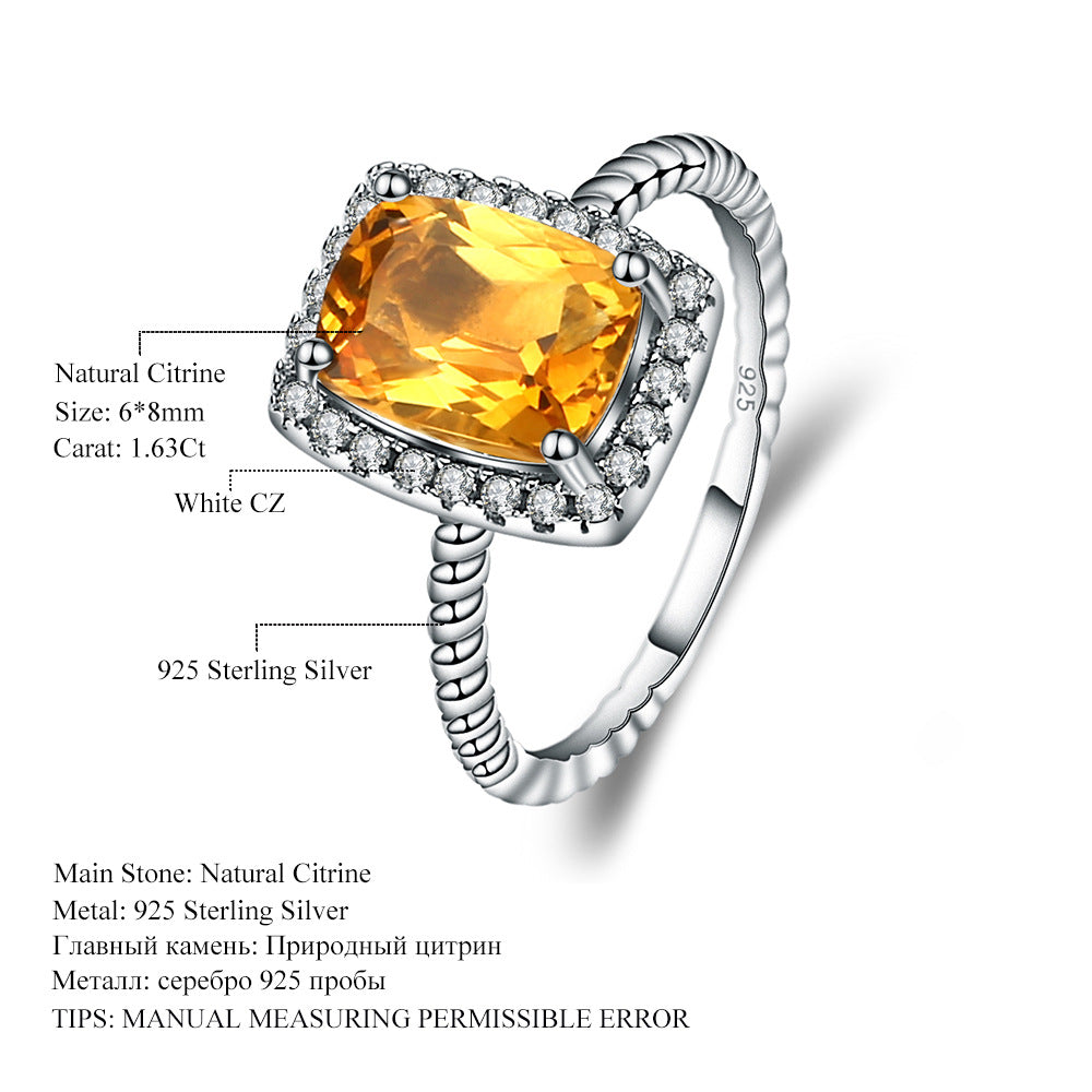 Fashionable Simple Luxury Natural Gemstone Ring Unique and Elegant s925Silver Inlaid Natural Yellow Crystal Ring