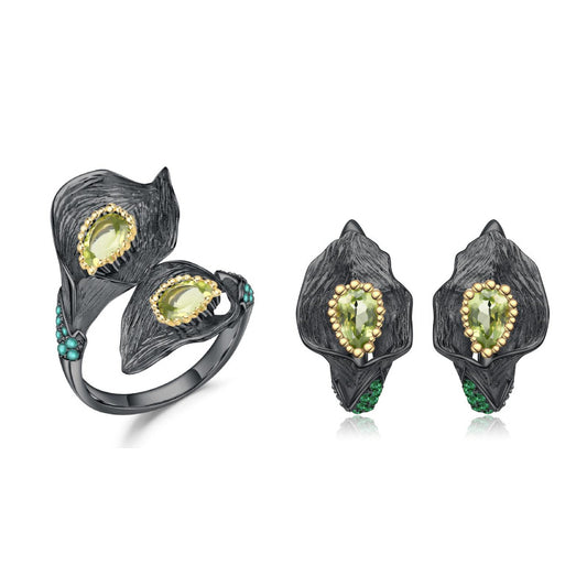Designer High-End Natural Peridot Jewelry Set Flower Design925Silver Ring Earrings