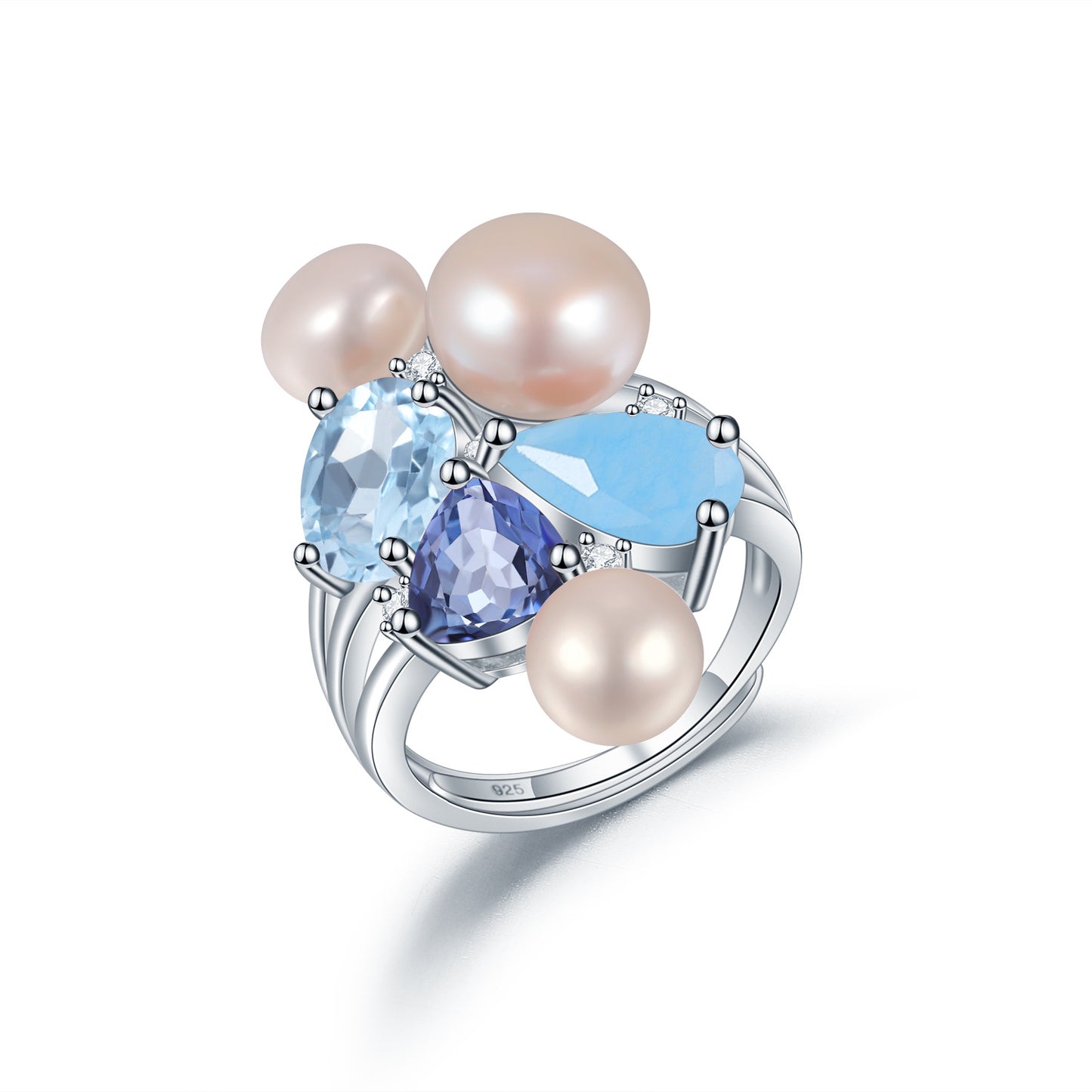 Designer Luxury Adjustable Ring with Unique High-End Design925Silver Natural Pearl Green Agate Ring