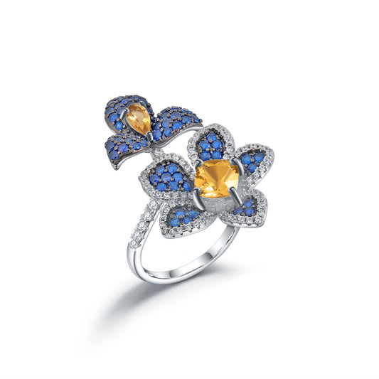 Designer Natural Yellow Crystal Ring Natural Style Series Floral Design s925Silver Inlaid Gemstone Ring