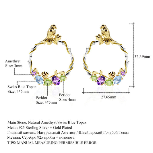 Secret Garden Designer High-End Natural Gemstone Earrings Chinese Style s925Silver Gemstone Earrings