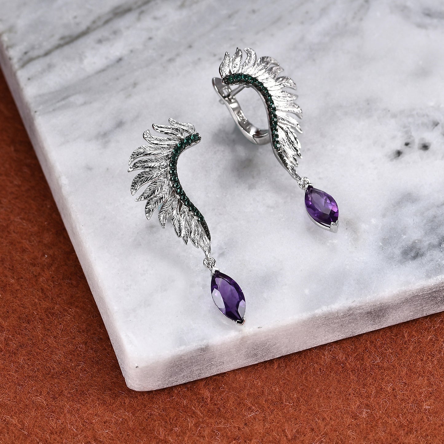 Designer Retro Angel Wings Earrings Italy925Silver Inlaid Natural Gemstone Amethyst Earrings