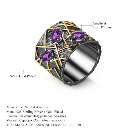 High-end Designer Gemstone Ring Vintage Style Personality925Silver Inlaid Natural Amethyst Ring