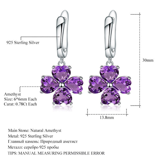 Fresh Natural Amethyst High-end Earrings Luxurious Clover s925Silver Inlaid Gemstone Earrings