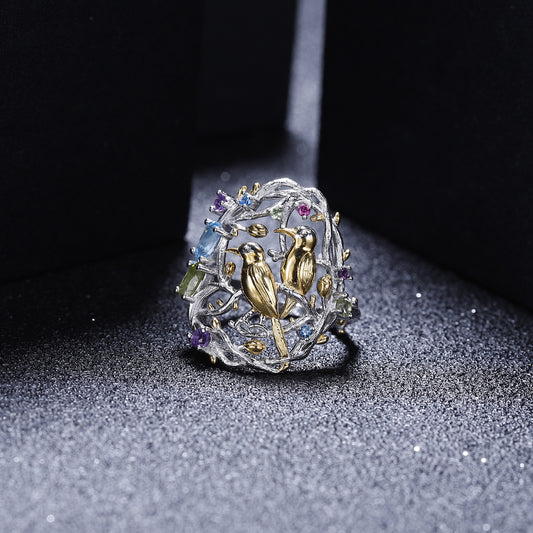 Designer High-End Sense Personality Chinese Style Ring Natural Wind Bird Design s925Silver natural gemstone ring