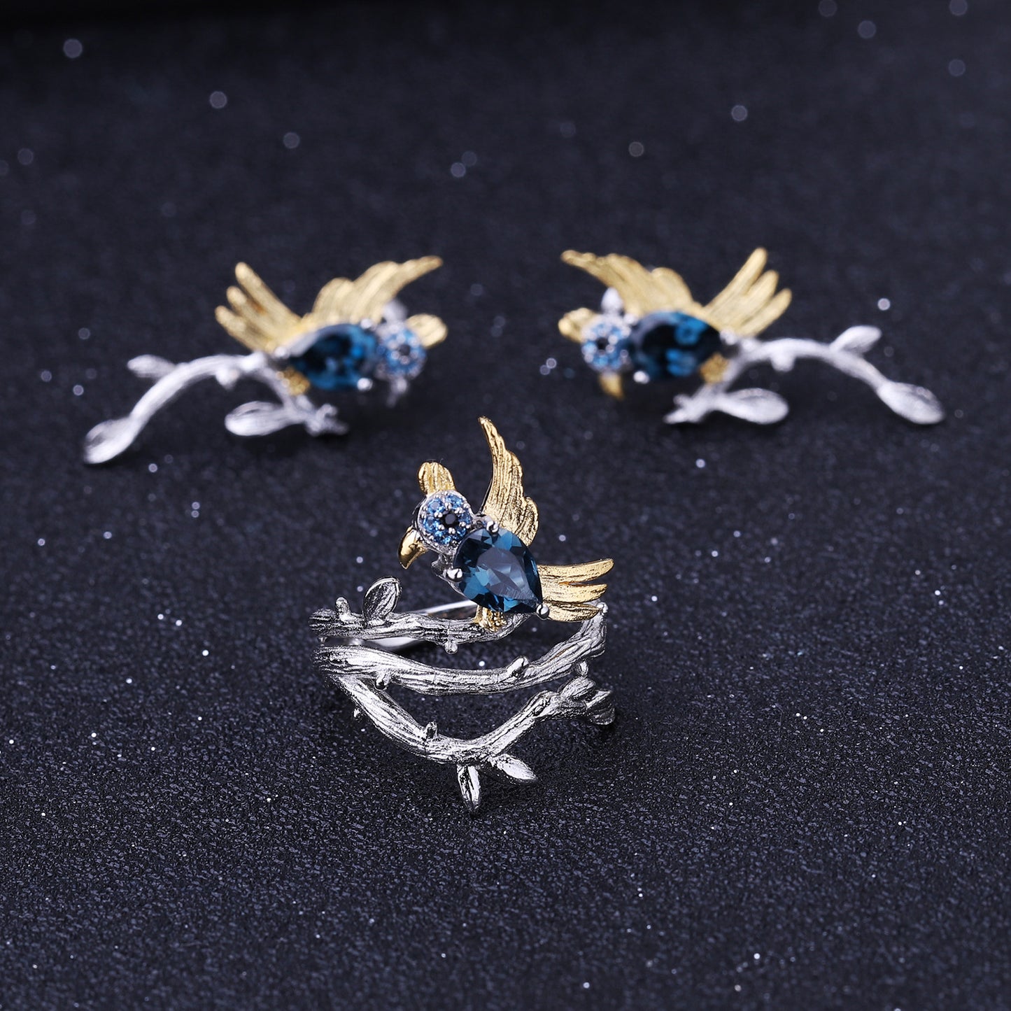 Italian Craft Designer Gemstone Ring Natural Style Magpie Design925Silver Natural Topaz Ring