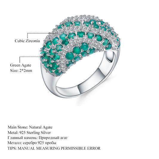 Trendy Natural Green Agate Sapphire Ring Vintage s925Sterling Silver Inlaid Gemstone Ring