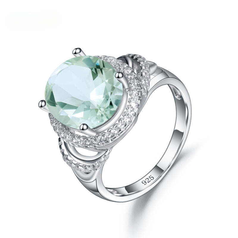 s925Sterling Silver Natural Green Amethyst Ring Fashionable and Luxurious Gemstone Inlay10*12mm Natural Gemstone Ring