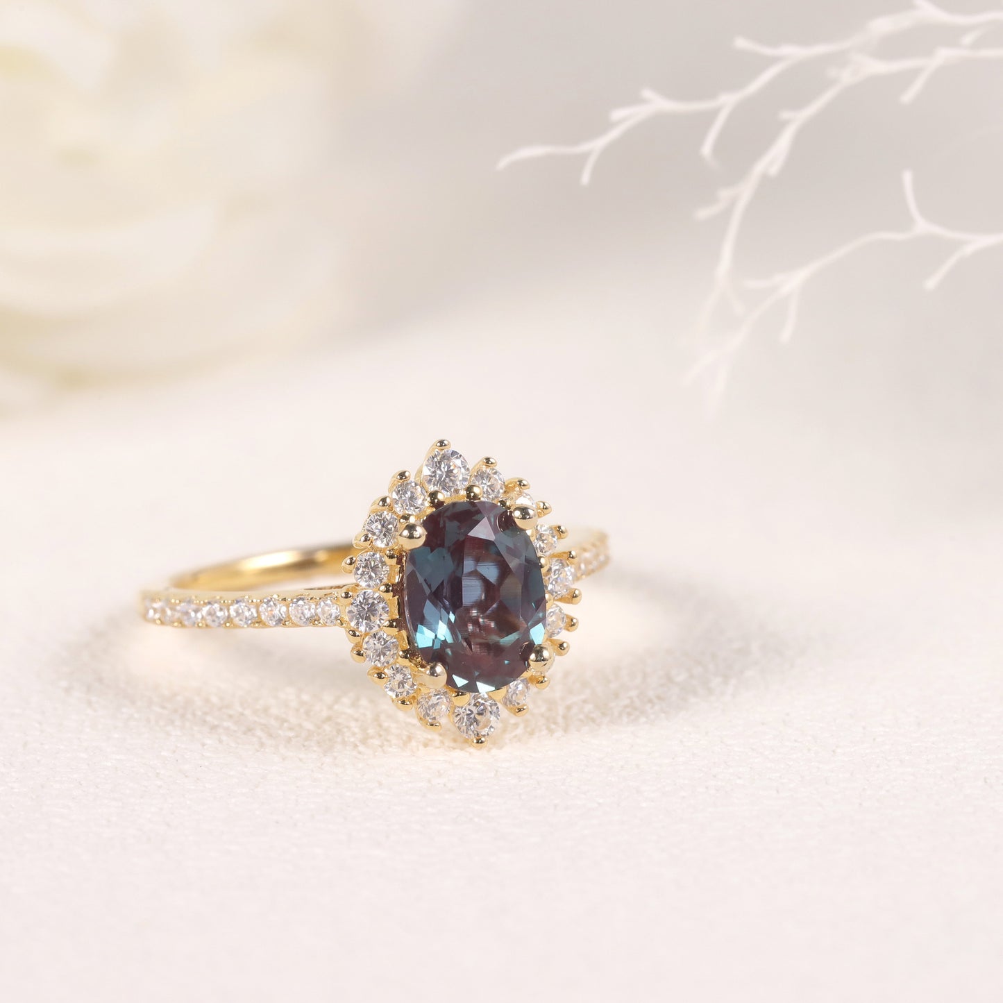 Luxury Sunflower Color-Changing Gemstone Ring s925Silver Inlaid Synthetic Alexandrite Gemstone Ring New Style