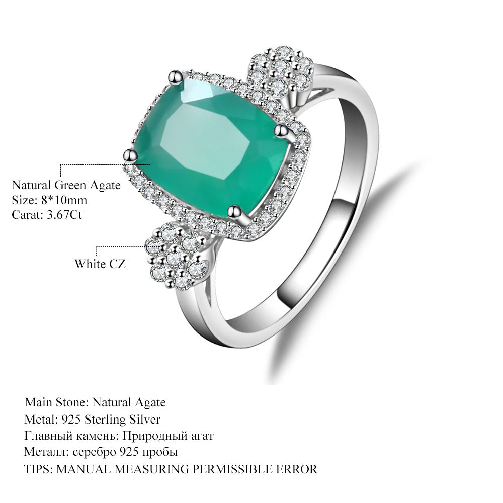 Design Sense Natural Green Agate Ring Luxurious Fashionable Elegant925Sterling Silver Inlaid Natural Gemstone Ring