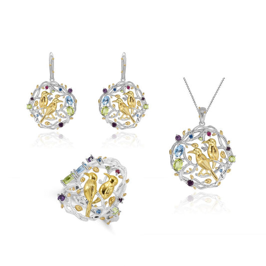 Designer High-End Natural Peridot Set Chinese Style Little Bird Design925Silver Rings Earrings Jewelry