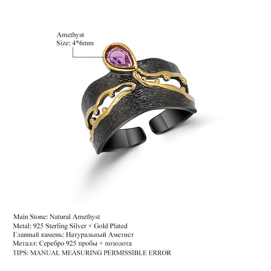 Designer Vintage Style Open Ring Italian Craftsmanship High-end Feel s925Silver Natural Amethyst Ring
