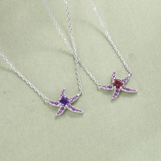 New Style Personality Fashion Starfish Necklace Natural Amethyst Garnet Necklace925Sterling Silver Gemstone Necklace for Women