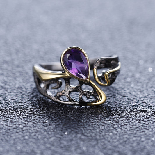 Designer Gemstone Inlaid Open Ring Vintage Style High-End Design925Silver Natural Amethyst Ring