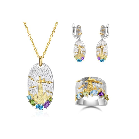 Natural Colorful Gemstone Jewelry Set s925Sterling Silver Inlaid Gemstone Earrings Necklace Ring Original Design Pendant