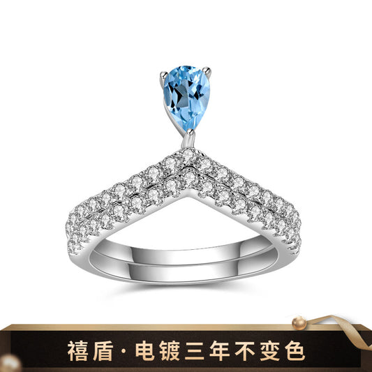 Affordable luxury fashion v Letter Shape Design Sense Gemstone Ring Set s925Sterling Silver Inlaid Natural Gemstone Topaz Ring