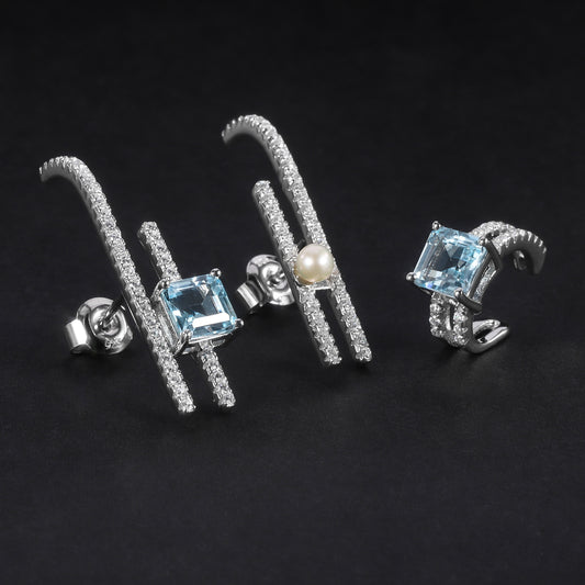 Fashionable Light Luxury Earring Three-Piece Set S925Silver Inlaid Natural Freshwater Pearl Matching Topaz Stud Earrings Ear Clips