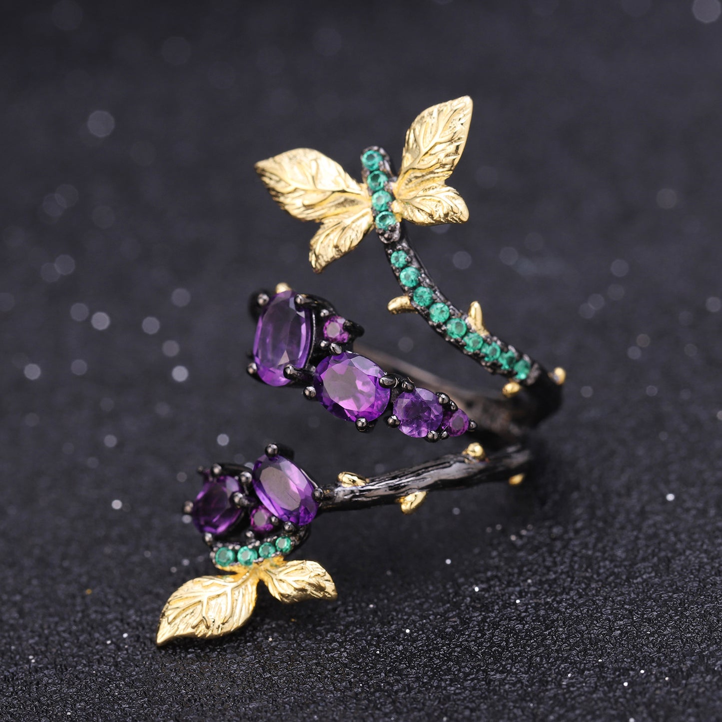 Secret Garden Series Designer Ring Natural Style Butterfly Design s925Silver Natural Amethyst Ring