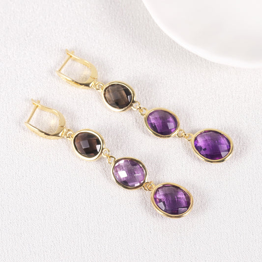 Trendy earrings s925Silver Inlaid Natural Amethyst Tea Crystal Earrings Mixed Gemstone Long Earrings New Style