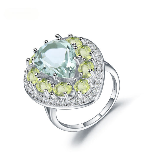 s925Silver Natural Peridot Green Amethyst Ring High-end Fashion Luxurious Inlaid Natural Gemstone Ring