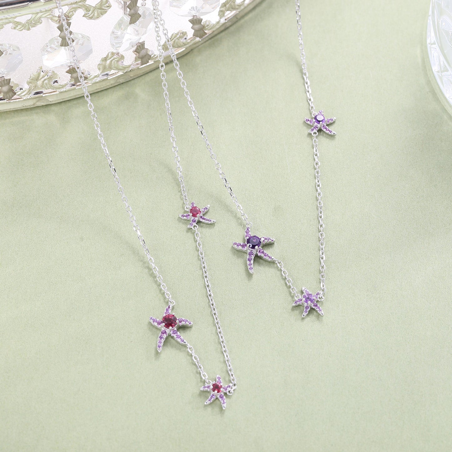 Unique Niche Starfish Necklace Irregular925Sterling Silver Inlaid Natural Amethyst Garnet Necklace Clavicle Chain