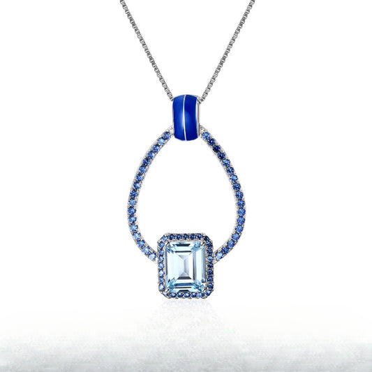 Vintage Style Jewelry Design Long Necklace s925Silver Inlaid Natural Gemstone Topaz Necklace Pendant