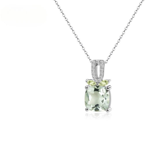 Simple All-Match Natural Green Amethyst Citrine Necklace925Sterling Silver Large Carat Gemstone Crystal Pendant for Men and Women