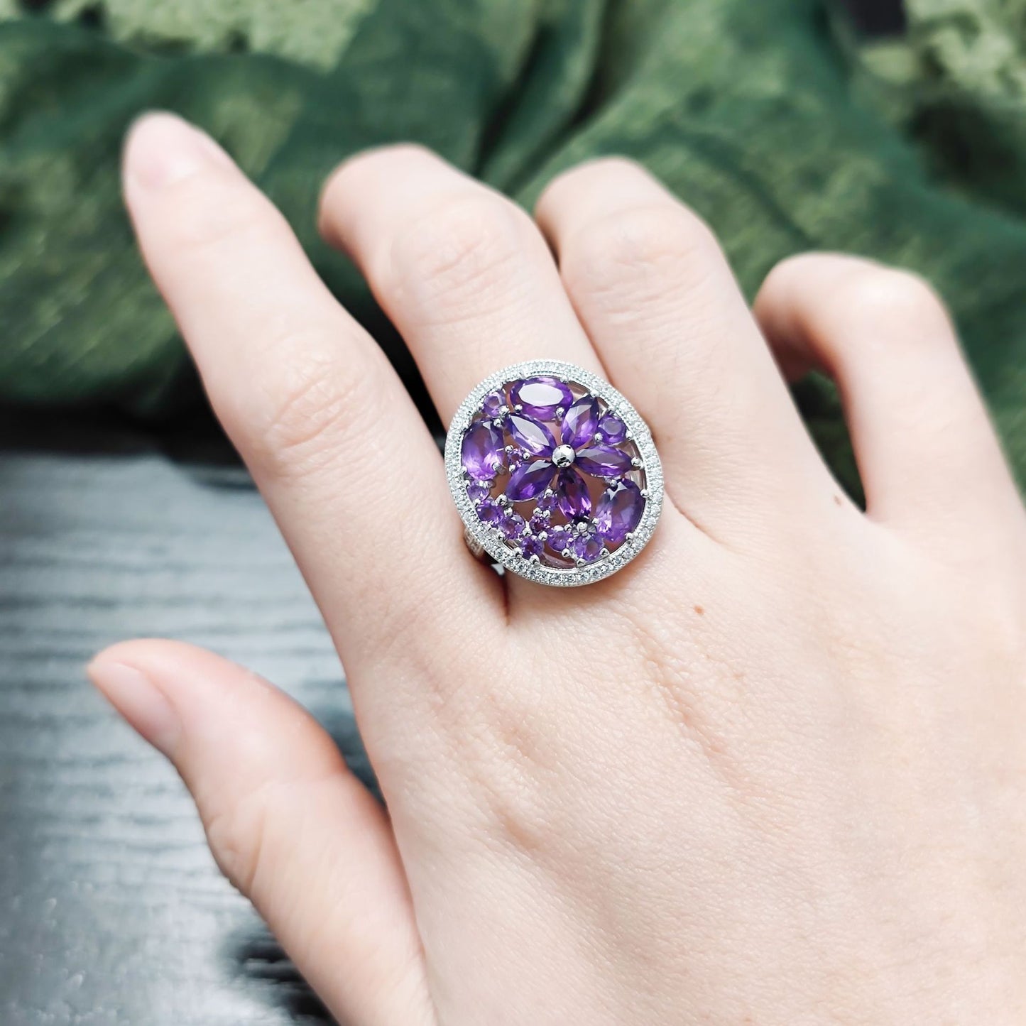 Wind Ring s925Sterling Silver Plated18k Gold Natural Amethyst Cluster Inlaid Mixed Gemstone Ring Jewelry