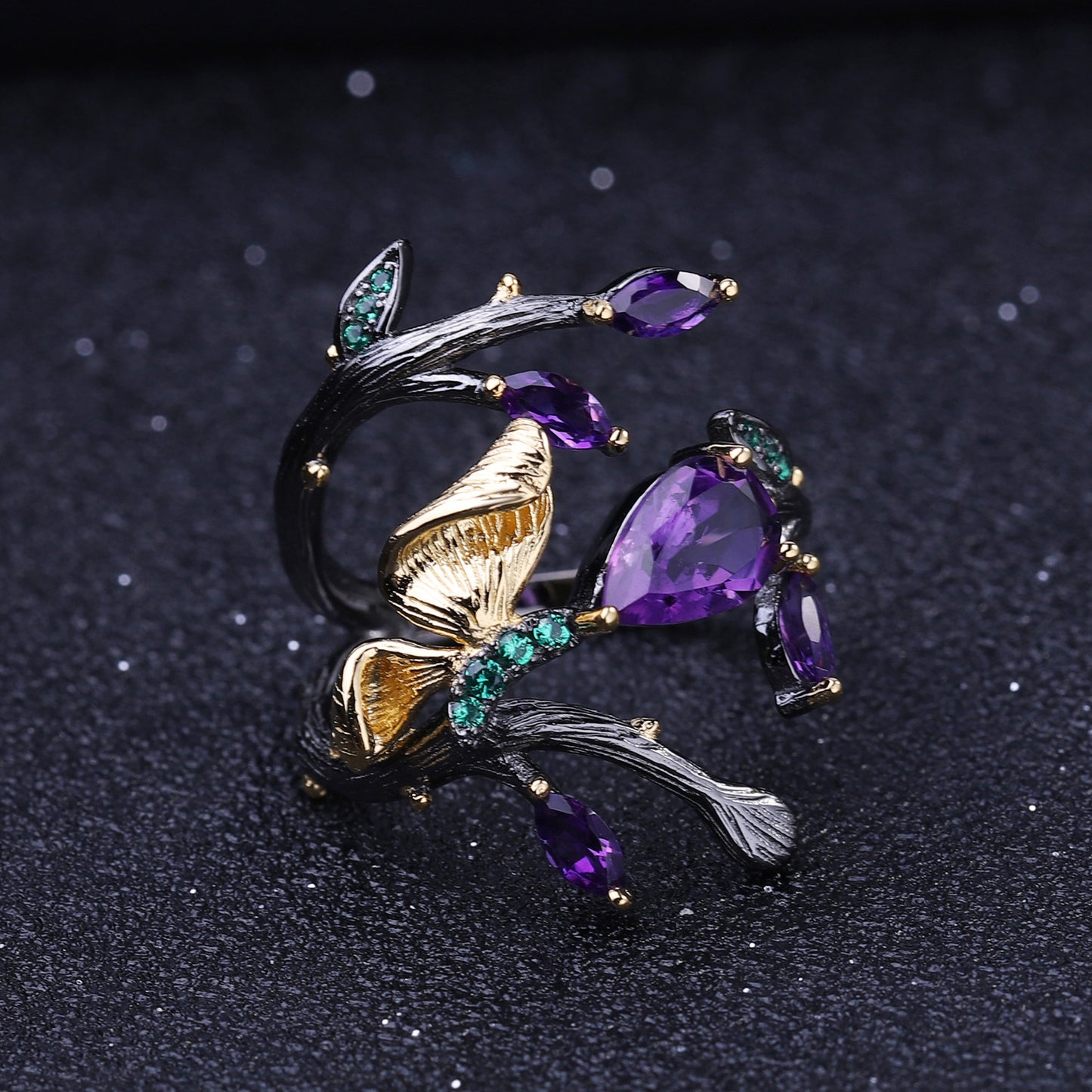 Russian Secret Garden Designer Gemstone Ring Natural Style Butterfly s925Silver Natural Amethyst Ring