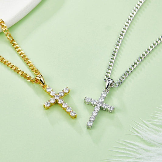 Cross Pendant s925Sterling Silver Inlaid3mm Moissanite Necklace for Men and Women Hip Hop Diamond-Studded Clavicle Chain