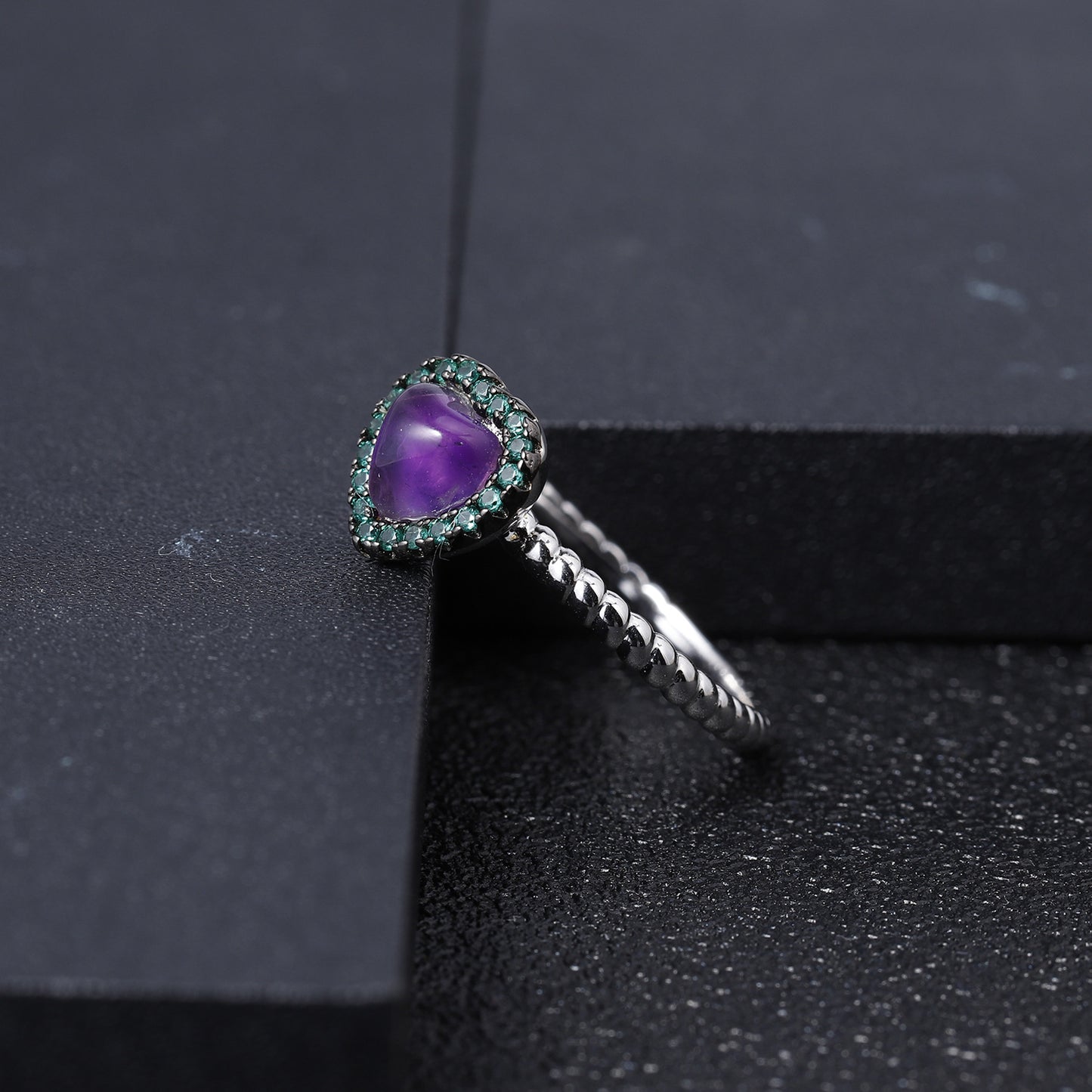 Luxurious and Unique Natural Amethyst Heart Ring Fashion Design s925Sterling Silver Inlaid Gemstone Ring