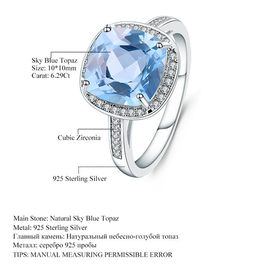 Fashion Natural Topaz Ring for Women Light Luxury High-End Sense s925Silver Inlay10*10mm Natural Gemstone Ring
