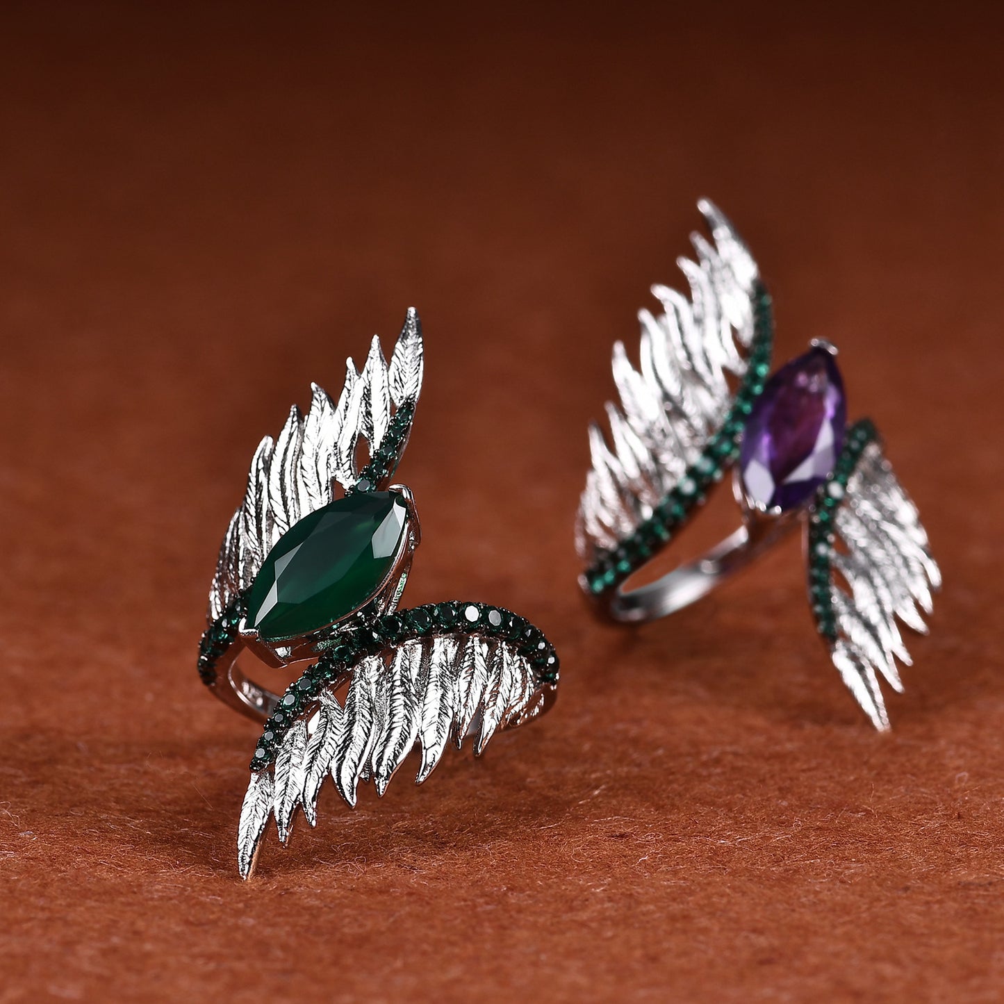 Designer Vintage Style Angel Wings Ring Italy s925Silver Inlaid Natural Gemstone Amethyst Ring