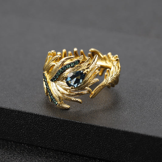 Designer Adjustable Open Ring with Bird Feather Design925Silver Natural Topaz Ring