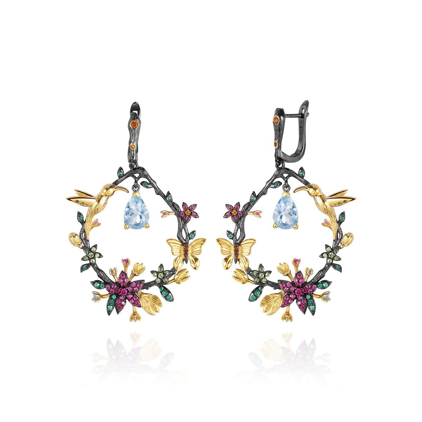 Secret Garden Designer Gemstone Earrings with Birds and Floral Design925Silver Natural Amethyst Earrings Drop Earrings