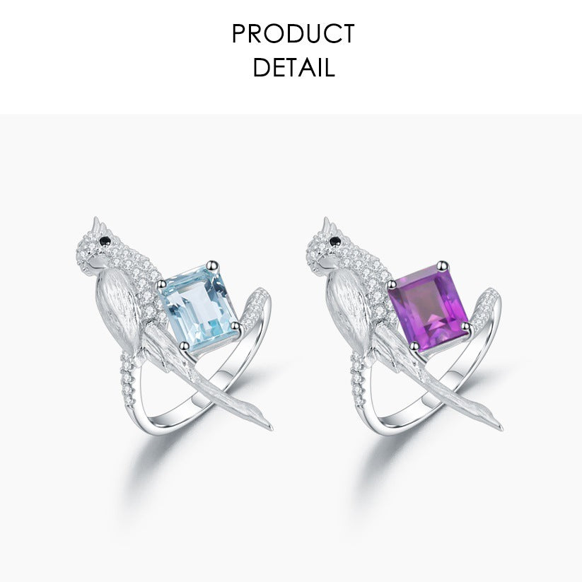 Designer High-End Natural Gemstone Ring Bird Design s925Silver Inlaid Natural Amethyst Ring