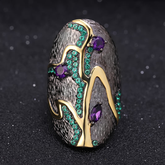 Italian Craft Vintage Jewelry Designer Ring Georgia s925Silver Inlaid Natural Gemstone Ring