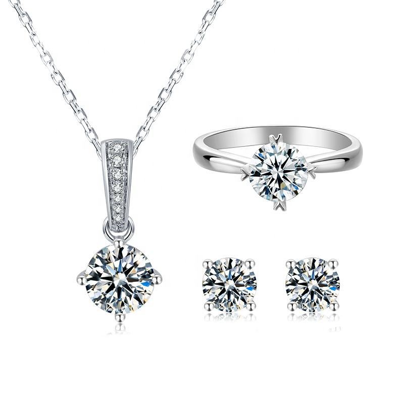 Fashion Earrings and Necklace Set s925Sterling Silver Four-Claw Inlay D Color Moissanite Jewelry Set