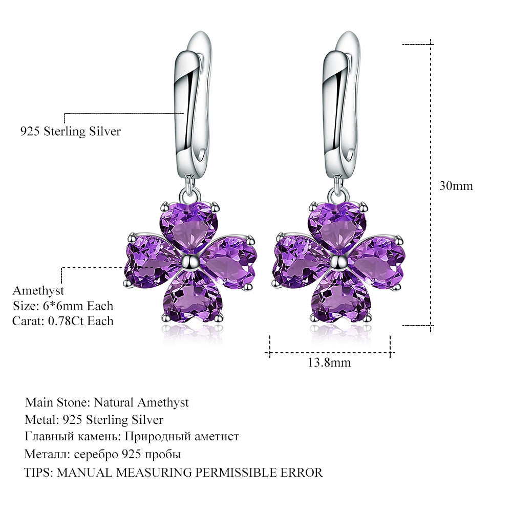 Fresh Natural Amethyst High-end Earrings Luxurious Clover s925Silver Inlaid Gemstone Earrings
