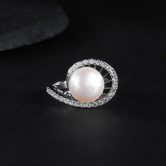 S925Sterling Silver Natural Freshwater Pearl Ring Fashionable Personality Elegant Light Luxury Inlaid10mm Bread Bead Ring