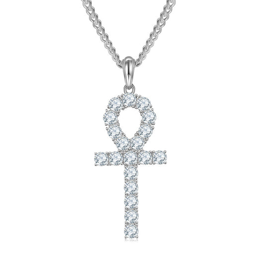 Key Cross Pendant s925Sterling Silver Inlaid4mm Moissanite Necklace Hip Hop Full Diamond Clavicle Chain
