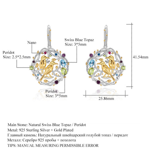 Designer Style High-End Personality Earrings Natural Style Little Bird Design925Silver Natural Gemstone Earrings