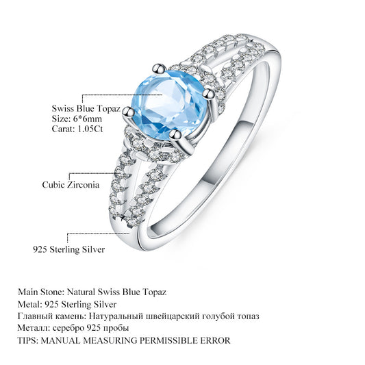 Fashionable Light Luxury Natural Topaz Sapphire Ring for Women Classic Simple s925Sterling Silver Inlaid Natural Gemstone Ring
