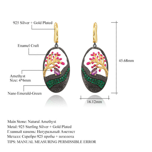 Italian Craft Designer Earrings Natural Style Tree of Life Design s925Sterling Silver Enamel Earrings